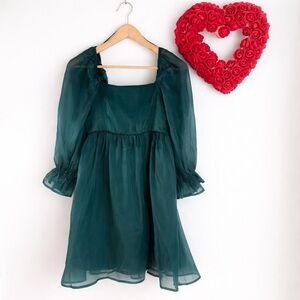 August Sky Babydoll Fit Flare Satin Mini Smocked Dress Medium in Forest Green NW